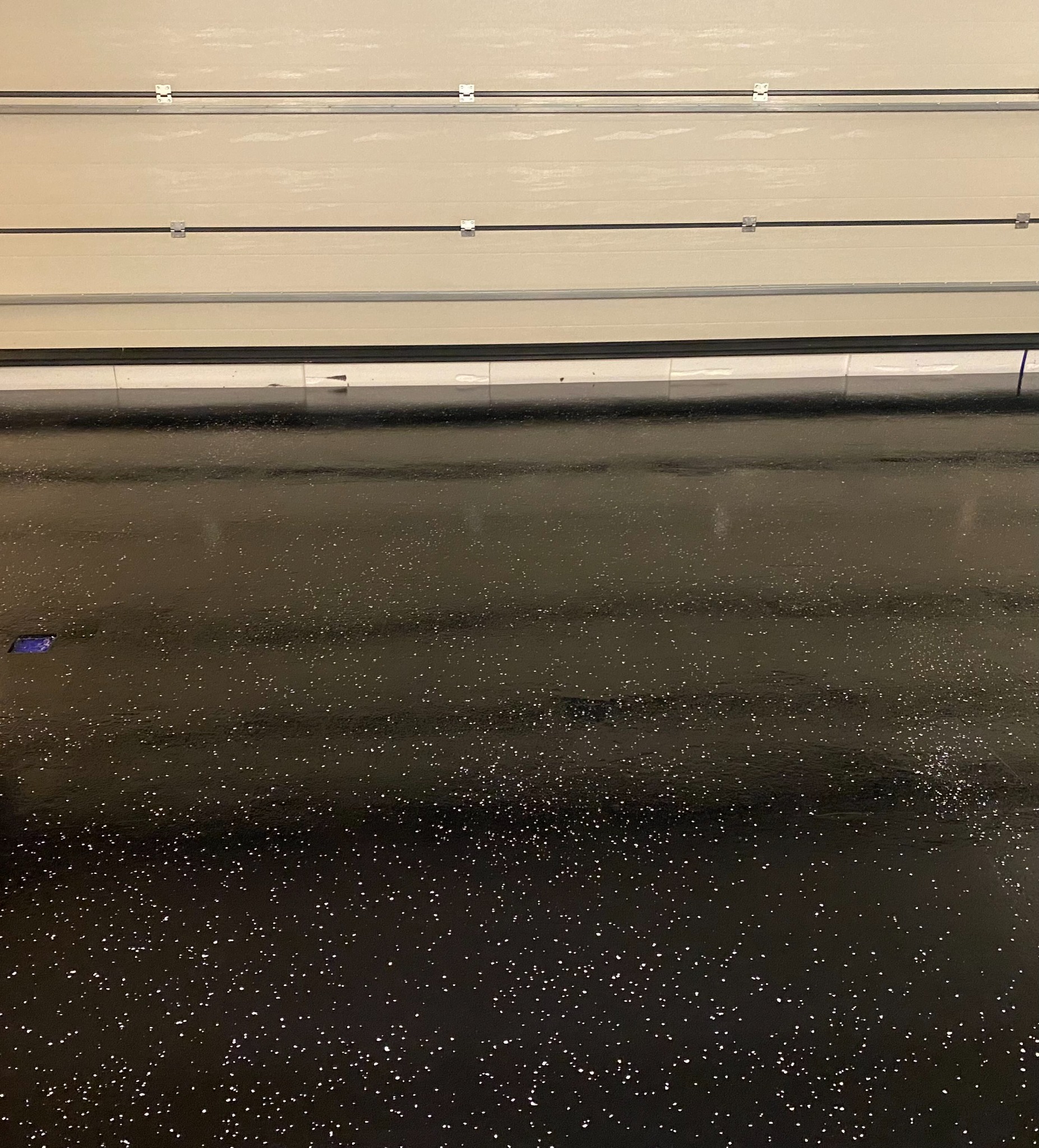 Błyszcząca, czarna posadzka z białymi drobinkami pod segmentową bramą garażową. Widoczne łączenia segmentów bramy i biała listwa przypodłogowa.