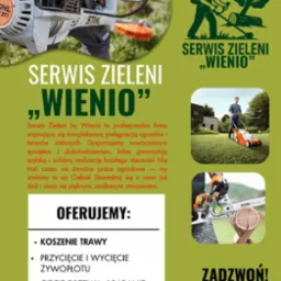 Plakat reklamowy firmy 'Serwis Zieleni WIENIO' z ofertą koszenia trawy, przycinania żywopłotu, cięcia drzew i odkomarzania. Na plakacie zdjęcia sprzętu ogrodniczego.