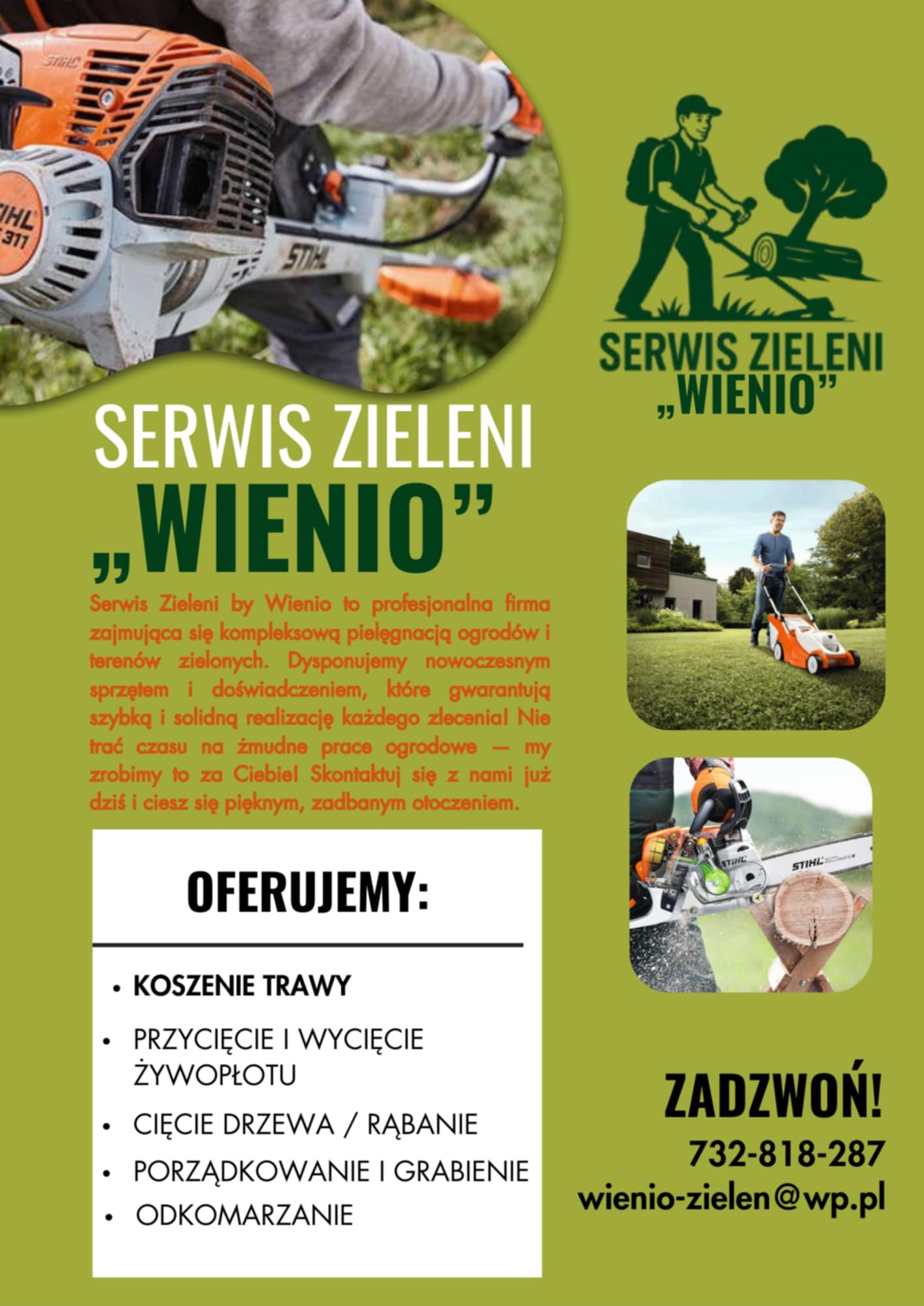 Plakat reklamowy firmy 'Serwis Zieleni WIENIO' z ofertą koszenia trawy, przycinania żywopłotu, cięcia drzew i odkomarzania. Na plakacie zdjęcia sprzętu ogrodniczego.