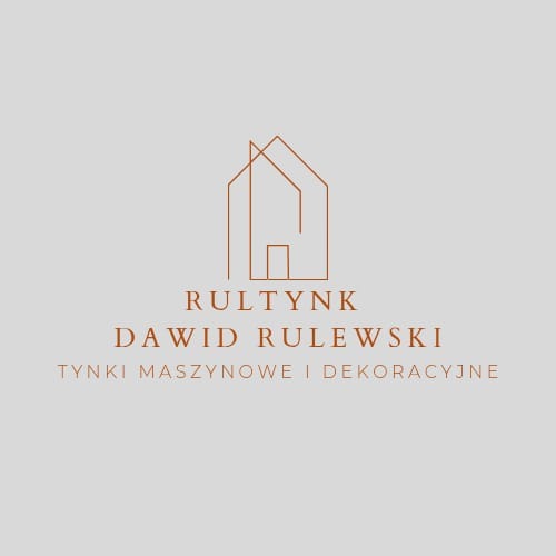 Minimalistyczne logo firmy budowlanej Rultynk Dawid Rulewski z motywem domu i tekstem 'Tynki maszynowe i dekoracyjne' w odcieniach brązu na szarym tle.