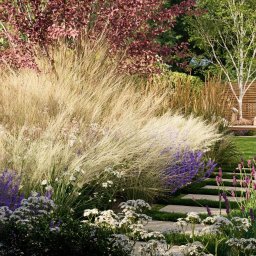 FROLIC Magdalena Ekiert-Kraczek - Urokliwy ogród z ozdobnymi trawami, kwitnącymi bylinami i ścieżką z płyt. W tle drewniany parawan i osoba relaksująca się na leżaku, tworząc sielską atmosferę.