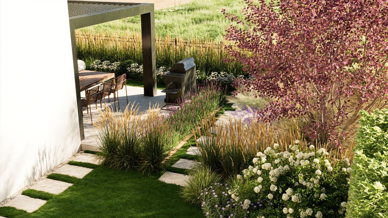 Nowoczesny ogród z pergolą, kamienną ścieżką i ozdobnymi trawami. Minimalistyczny grill wkomponowany w zieleń. Ujęcie z góry ukazuje kompozycję roślin.