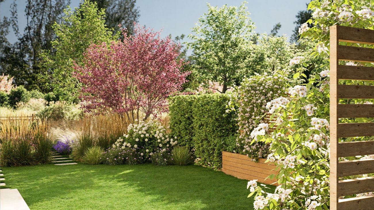 Urokliwy ogród z zielonym trawnikiem, kwitnącymi krzewami, drzewami i elementami drewnianymi, tworzącymi harmonijną przestrzeń.