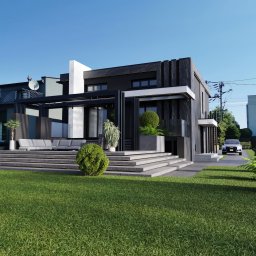 Tynqme Sp. z o.o. - Nowoczesny dom z czarną elewacją i marmurowymi akcentami, widok z ogrodu. Minimalistyczny design, taras z sofą, zadbany trawnik i samochód na podjeździe.
