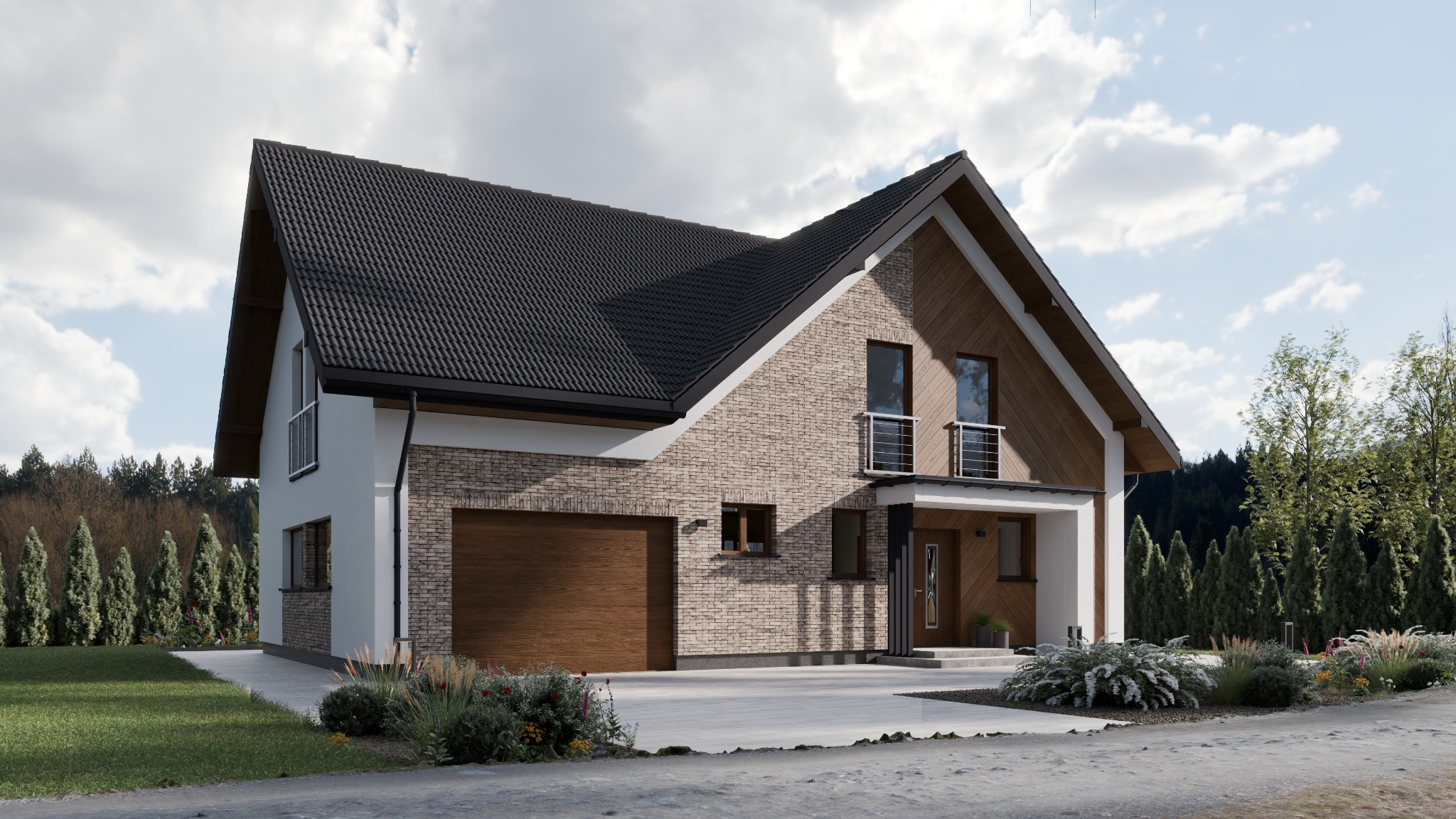 Dwukondygnacyjny dom jednorodzinny z garażem, elewacja z jasnej cegły i drewnianych paneli, czarny dach, balkony z metalowymi barierkami, zadbany ogród.
