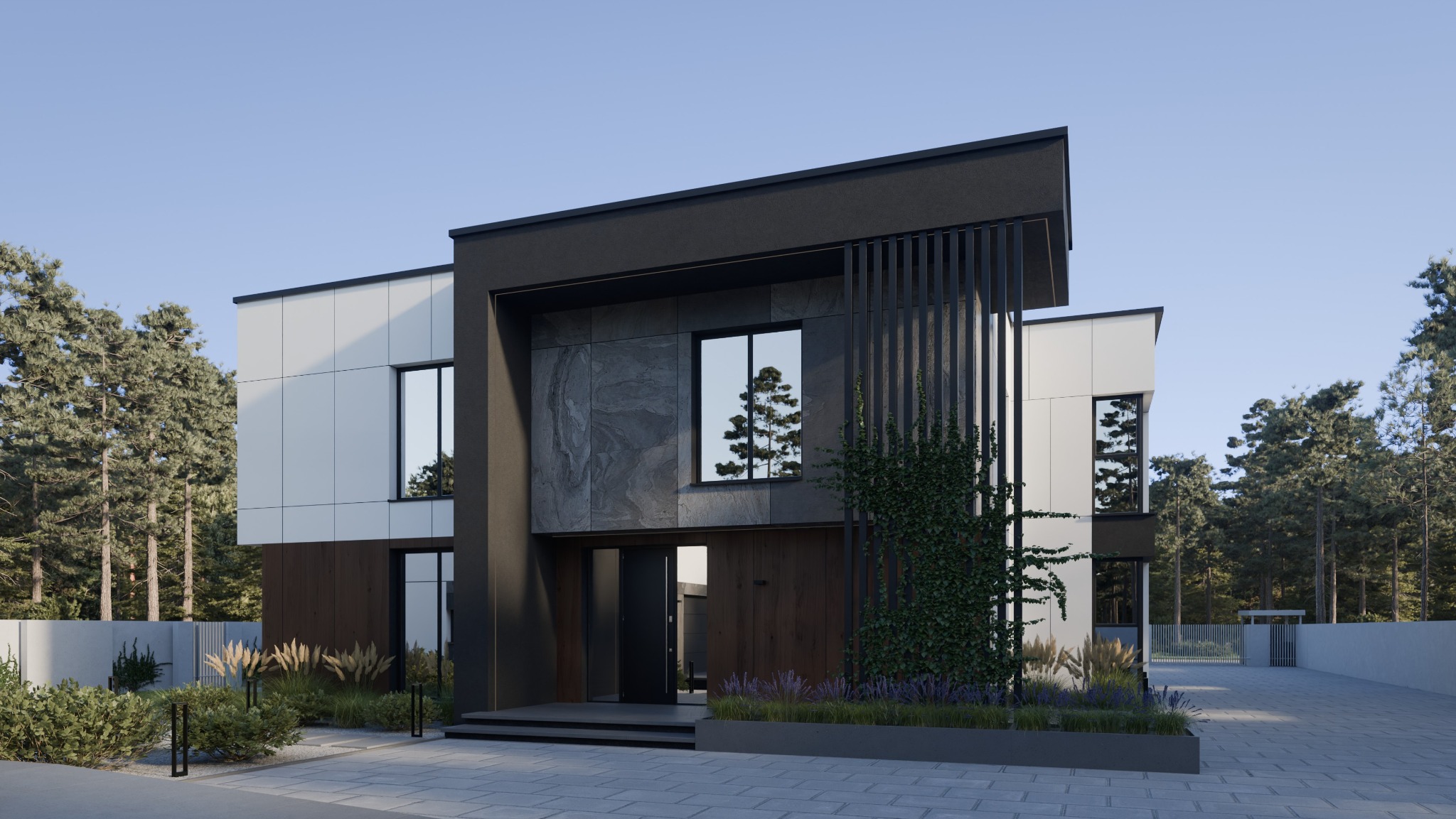 Nowoczesny dom z elewacją z paneli w odcieniach bieli, szarości i drewna. Elementy dekoracyjne z pionowych listew i zieleni. Minimalistyczny design i staranne wykończenie.