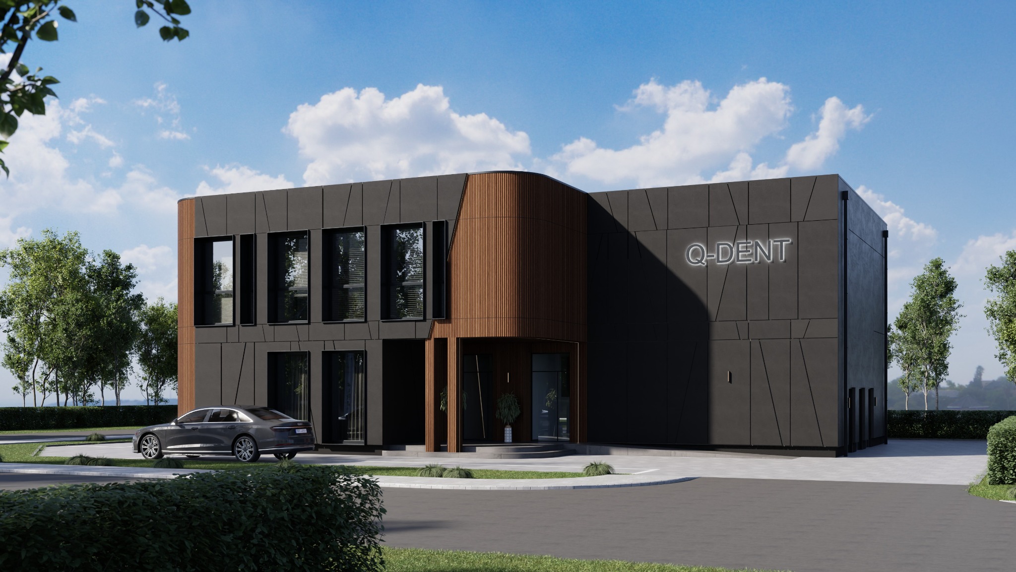 Nowoczesny budynek biurowy Q-Dent z ciemną elewacją i drewnianymi akcentami, zaparkowany samochód, zieleń wokół, błękitne niebo.
