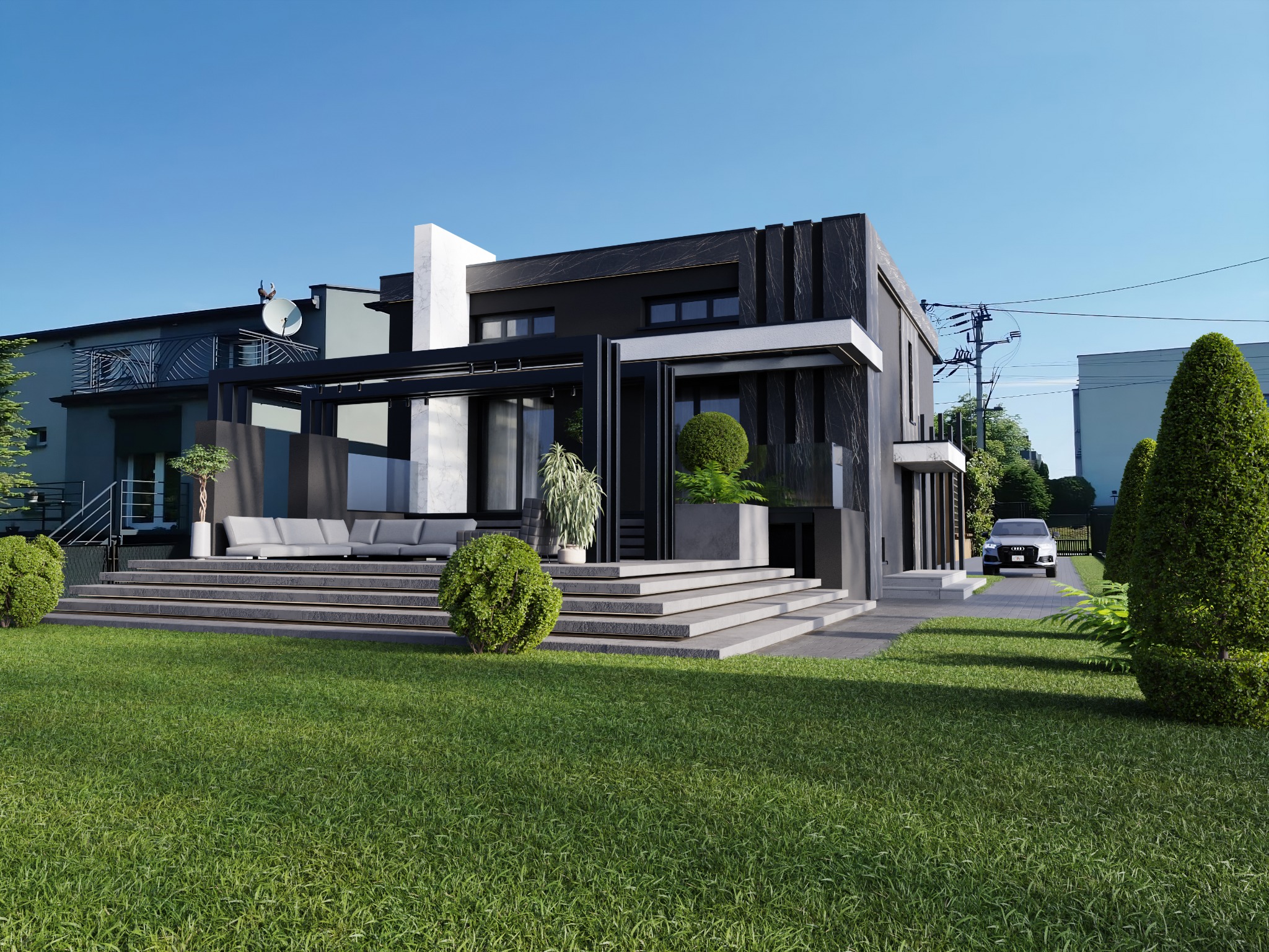 Nowoczesny dom z czarną elewacją i marmurowymi akcentami, widok z ogrodu. Minimalistyczny design, taras z sofą, zadbany trawnik i samochód na podjeździe.