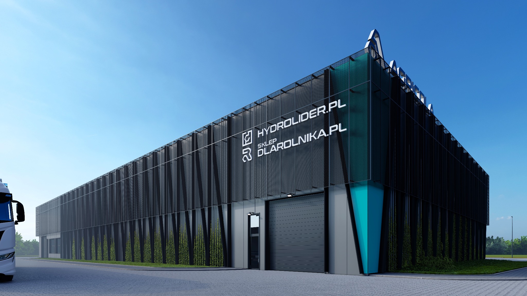 Nowoczesny budynek komercyjny z czarną elewacją i logo firmy, akcenty w kolorze turkusowym, zieleń pnąca się po ścianach. Widoczny fragment ciężarówki.
