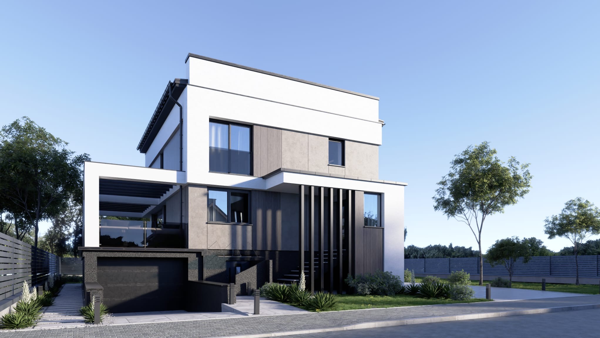 Nowoczesny dom z biało-szarą elewacją, czarnymi akcentami i garażem wbudowanym w zbocze. Minimalistyczny design, duże okna i zadbany ogród.