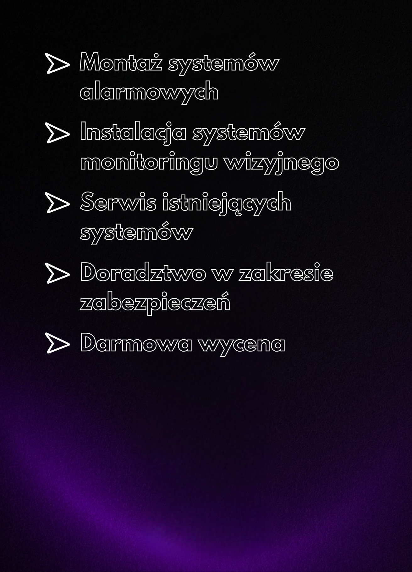 Oferta usług: montaż systemów alarmowych, instalacja monitoringu wizyjnego, serwis systemów, doradztwo w zakresie zabezpieczeń, darmowa wycena. Fioletowe tło.