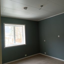 Tomasz Woroniecki Profesjonalne technologie natryskowe w budownictwie i przemyśle - Pomieszczenie po remoncie: ściany pomalowane na ciemnozielono, jasna podłoga, biały sufit z widocznymi liniami łączeń. Okno z widokiem na drzewa.