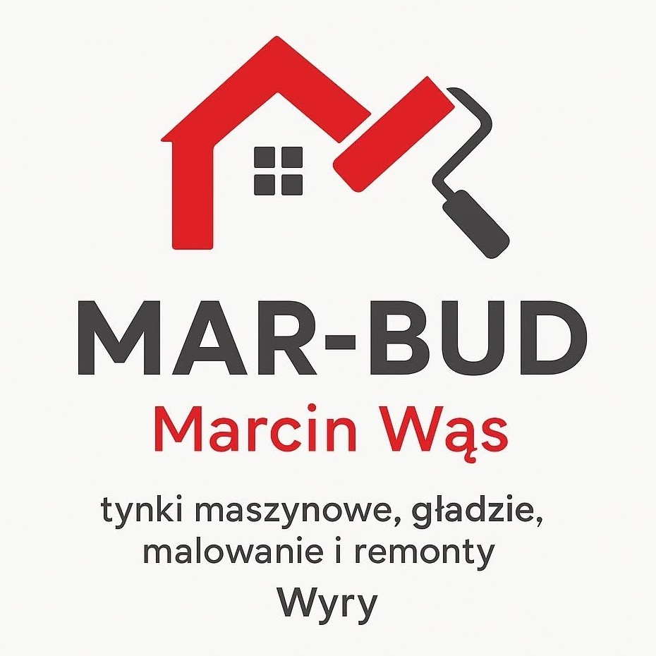 Logo firmy MAR-BUD Marcin Wąs z grafiką domu i wałka malarskiego. Oferta: tynki maszynowe, gładzie, malowanie i remonty. Lokalizacja: Wyry.