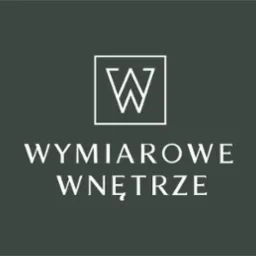 Minimalistyczne logo firmy 'Wymiarowe Wnętrze' na ciemnym tle. Biały symbol 'W' w kwadracie, poniżej nazwa firmy w eleganckiej czcionce.