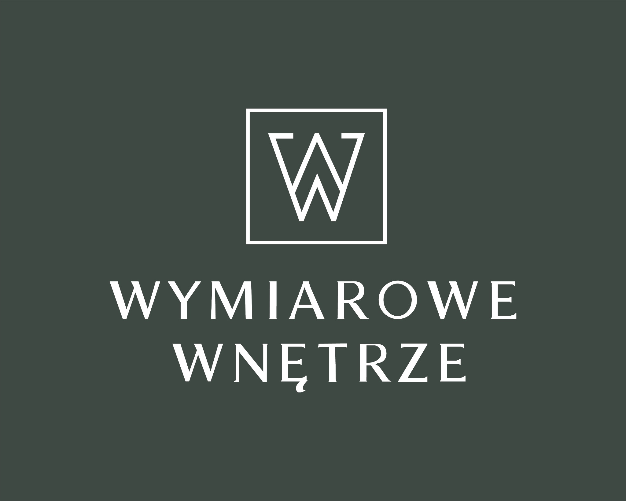 Minimalistyczne logo firmy 'Wymiarowe Wnętrze' na ciemnym tle. Biały symbol 'W' w kwadracie, poniżej nazwa firmy w eleganckiej czcionce.