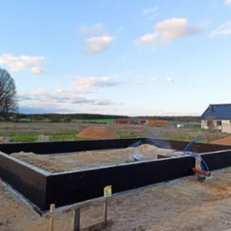 Zalane fundamenty domu jednorodzinnego, zabezpieczone czarną izolacją, z widocznymi instalacjami wewnątrz. W tle dom i krajobraz.