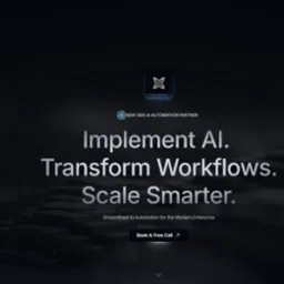 Elegancka grafika IT: Implementacja AI, transformacja workflow, inteligentne skalowanie. Nowoczesne rozwiązanie dla przedsiębiorstw z logo i wezwaniem do działania.