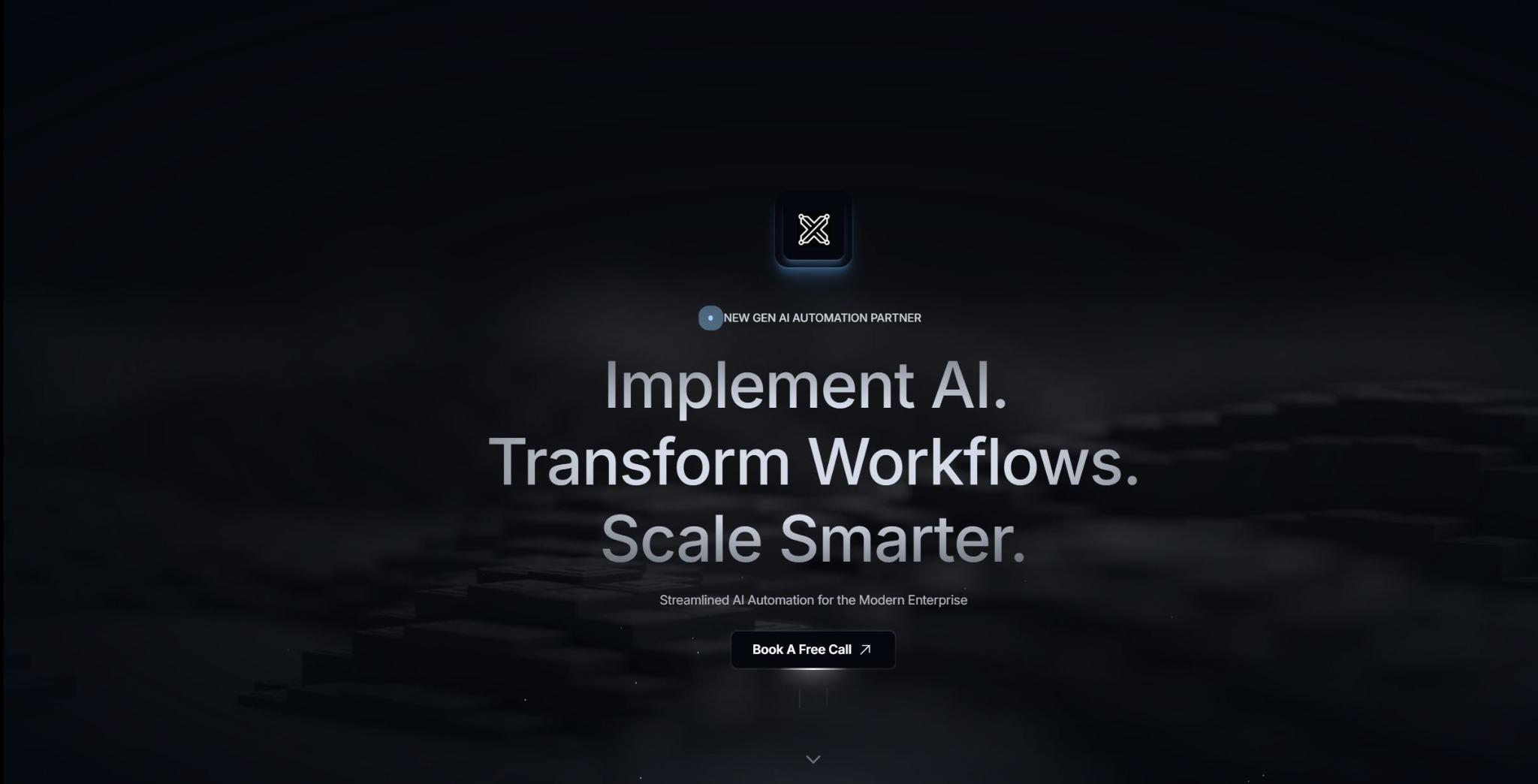 Elegancka grafika IT: Implementacja AI, transformacja workflow, inteligentne skalowanie. Nowoczesne rozwiązanie dla przedsiębiorstw z logo i wezwaniem do działania.