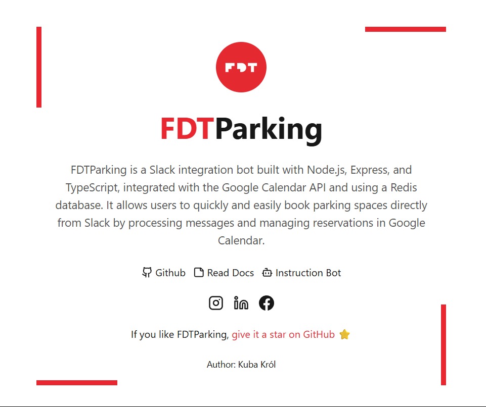 Grafika FDT Parking, integracji Slack z Google Calendar API, zbudowanej z Node.js, Express i TypeScript. Umożliwia rezerwację miejsc parkingowych.