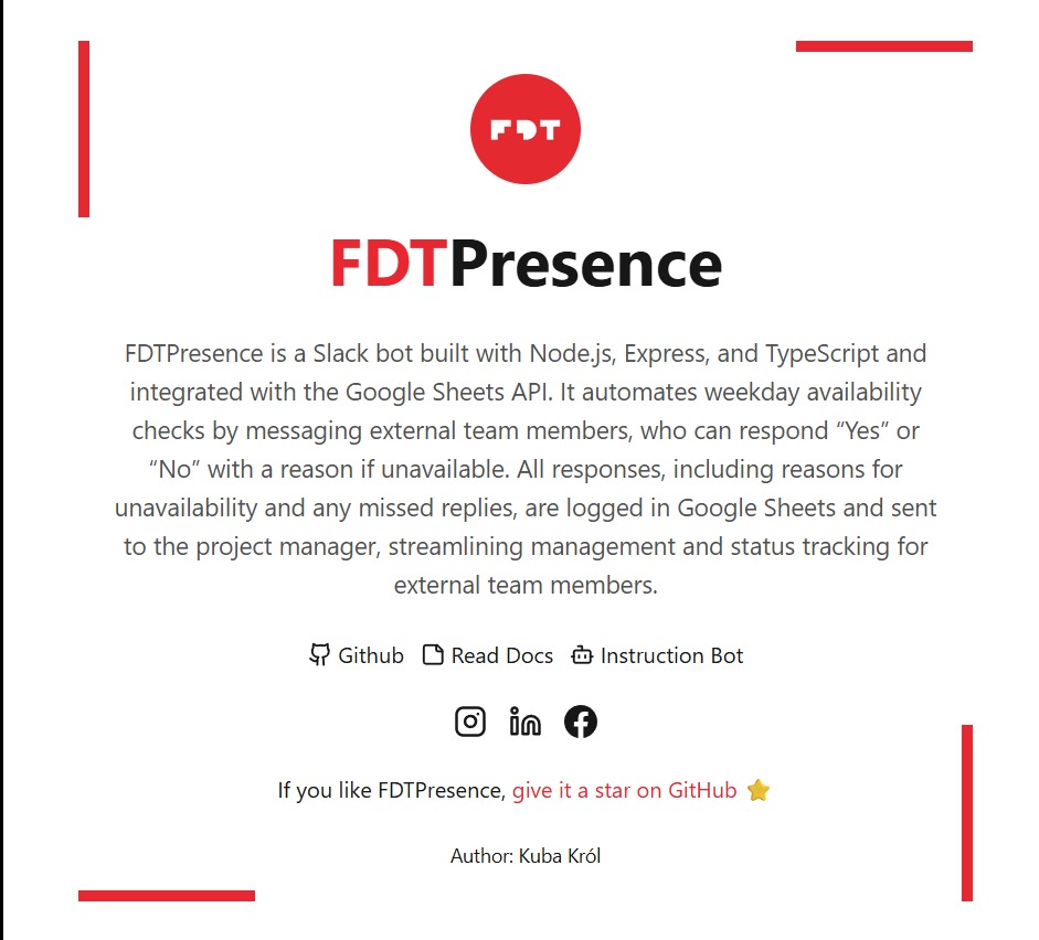 Grafika prezentująca Slack bota FDTPresence z opisem funkcjonalności, logo i odnośnikami do Githuba, dokumentacji oraz autora. Czerwone akcenty graficzne.