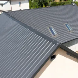 Szary dach z blachy trapezowej z dwoma oknami dachowymi, widok z góry, z fragmentami innych budynków w tle.