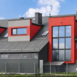 Szary dach z blachy trapezowej na budynku z czerwonymi i szarymi elementami architektonicznymi, widok z poziomu gruntu, błękitne niebo.