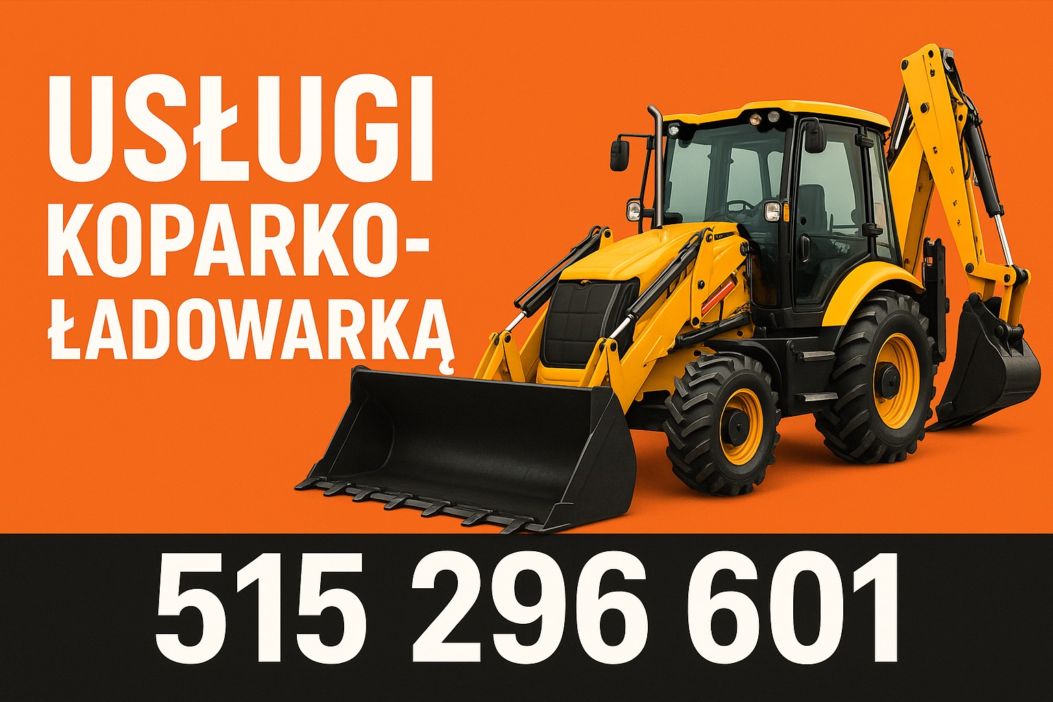 Żółta koparko-ładowarka na pomarańczowym tle z numerem telefonu. Usługi koparko-ładowarką, widok z boku, maszyna budowlana z łyżką z przodu i z tyłu.