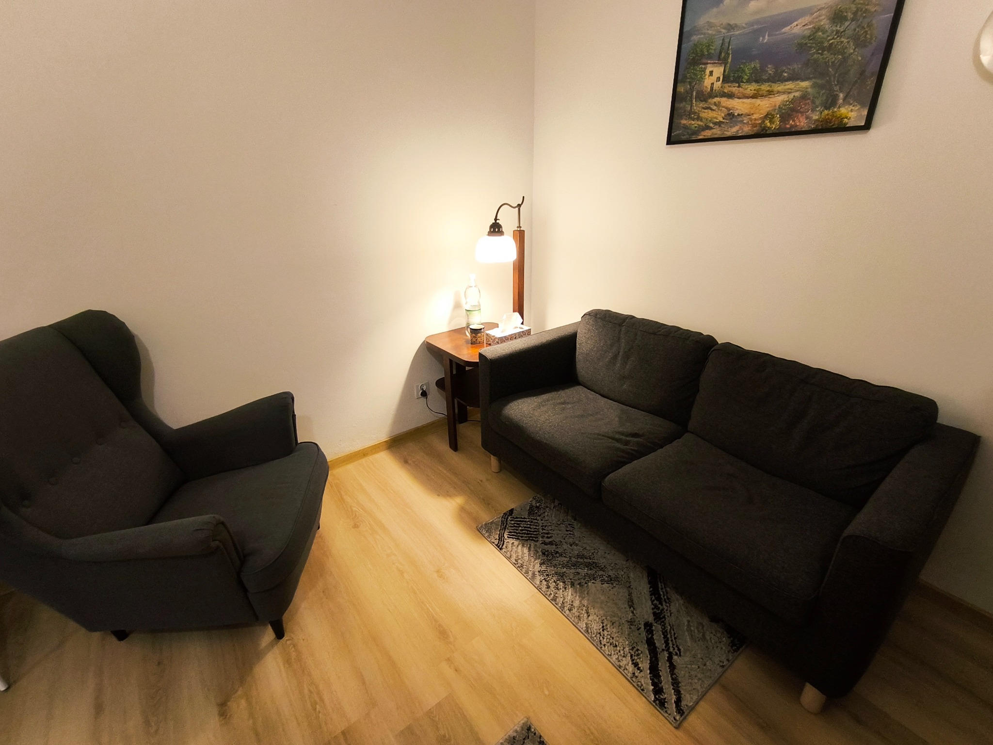 Przytulne wnętrze gabinetu terapeutycznego z szarą sofą, fotelem, stolikiem z lampką i obrazem na ścianie. Subtelne oświetlenie tworzy spokojną atmosferę.