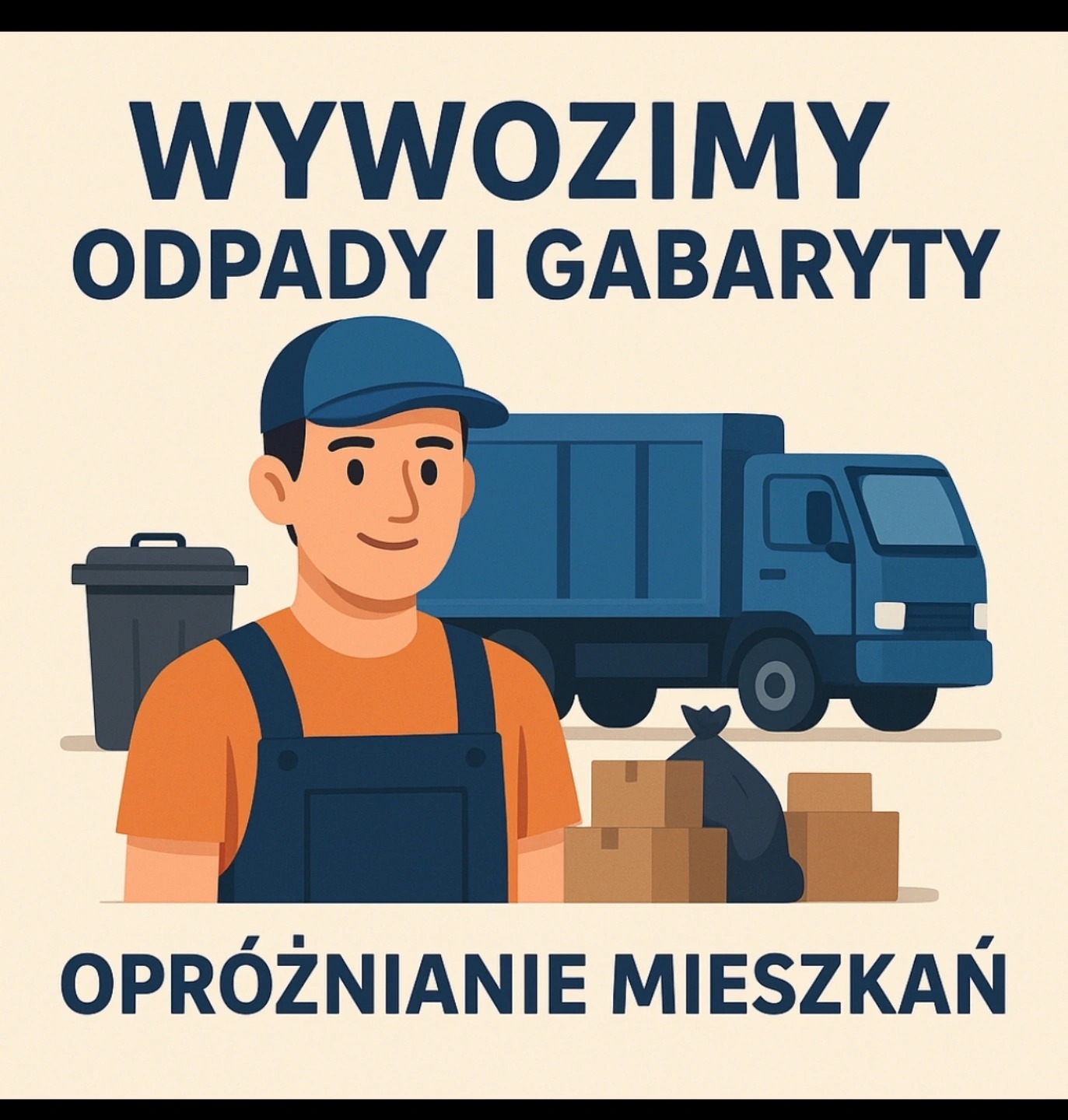 Grafika: mężczyzna w roboczym stroju, ciężarówka, śmieci i kartony. Napis: Wywozimy odpady i gabaryty, opróżnianie mieszkań.