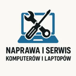 Grafika: niebieski laptop z czarnym kluczem i śrubokrętem na ekranie, napis 'Naprawa i serwis komputerów i laptopów' poniżej, na białym tle.