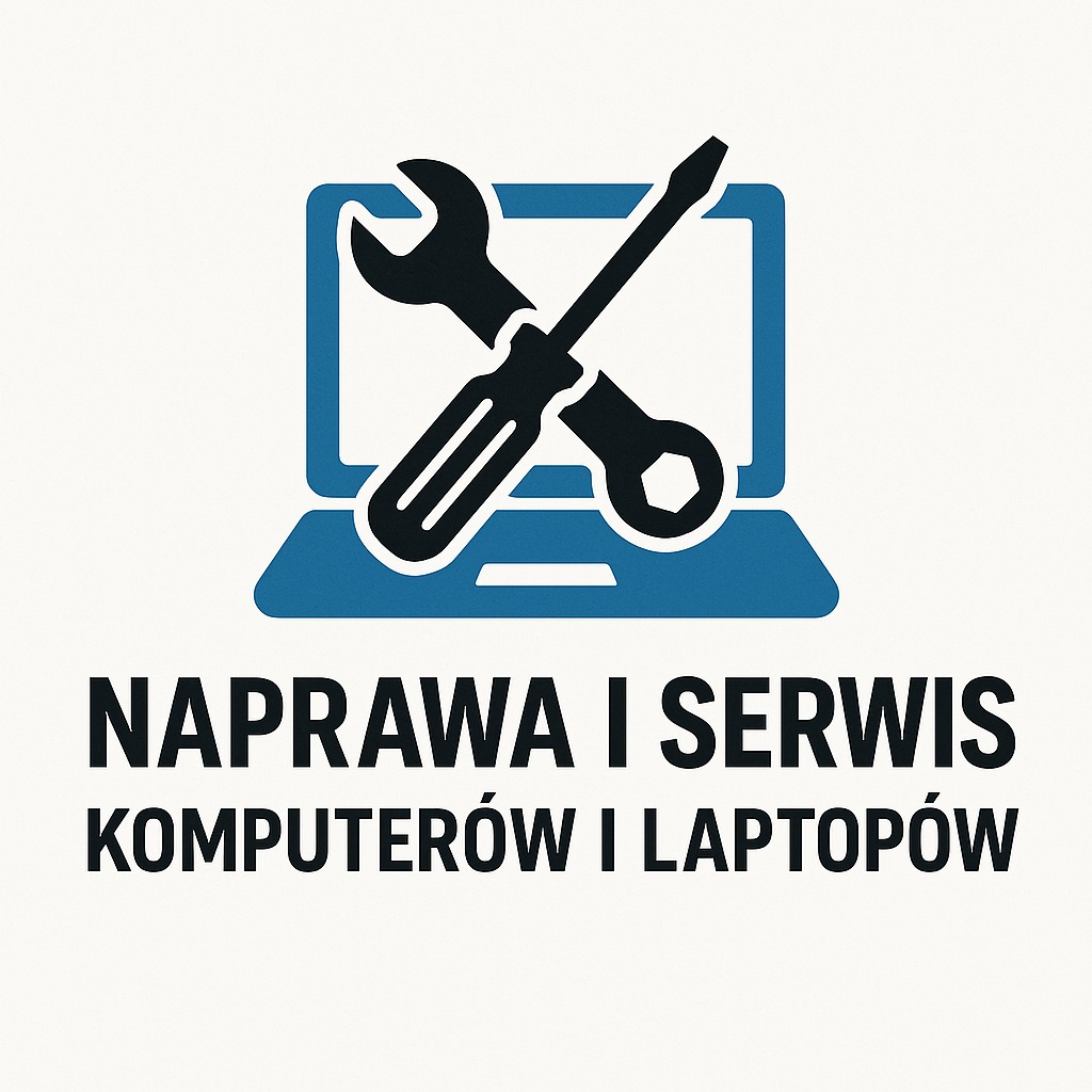 Grafika: niebieski laptop z czarnym kluczem i śrubokrętem na ekranie, napis 'Naprawa i serwis komputerów i laptopów' poniżej, na białym tle.