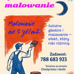 Reklama usług wykończeniowych: rysunek malarza z pędzlem, wiadro z farbą, napis 'Gładzie i malowanie od 5 zł/m2', numer telefonu i obszar działania.