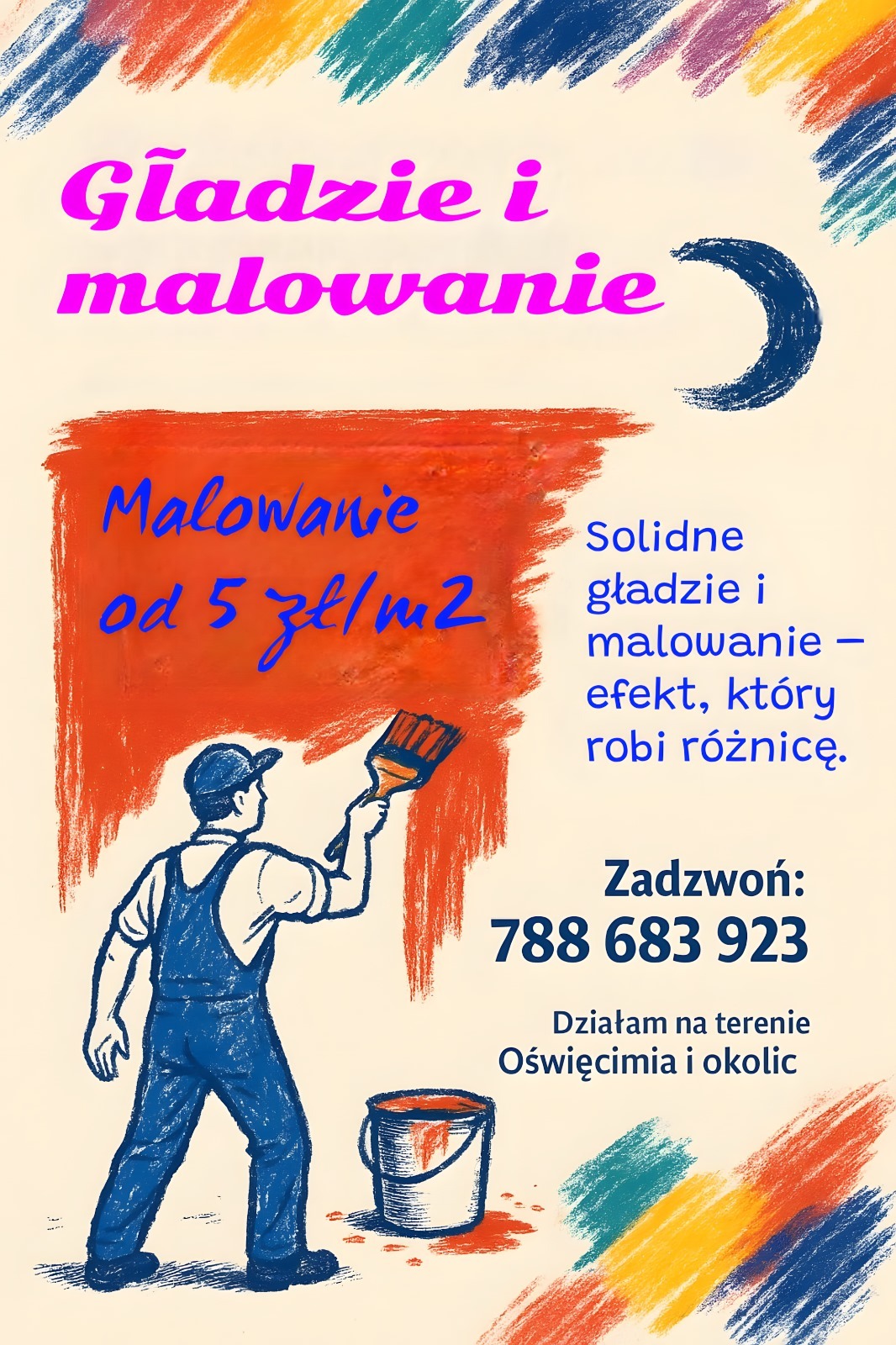 Reklama usług wykończeniowych: rysunek malarza z pędzlem, wiadro z farbą, napis 'Gładzie i malowanie od 5 zł/m2', numer telefonu i obszar działania.