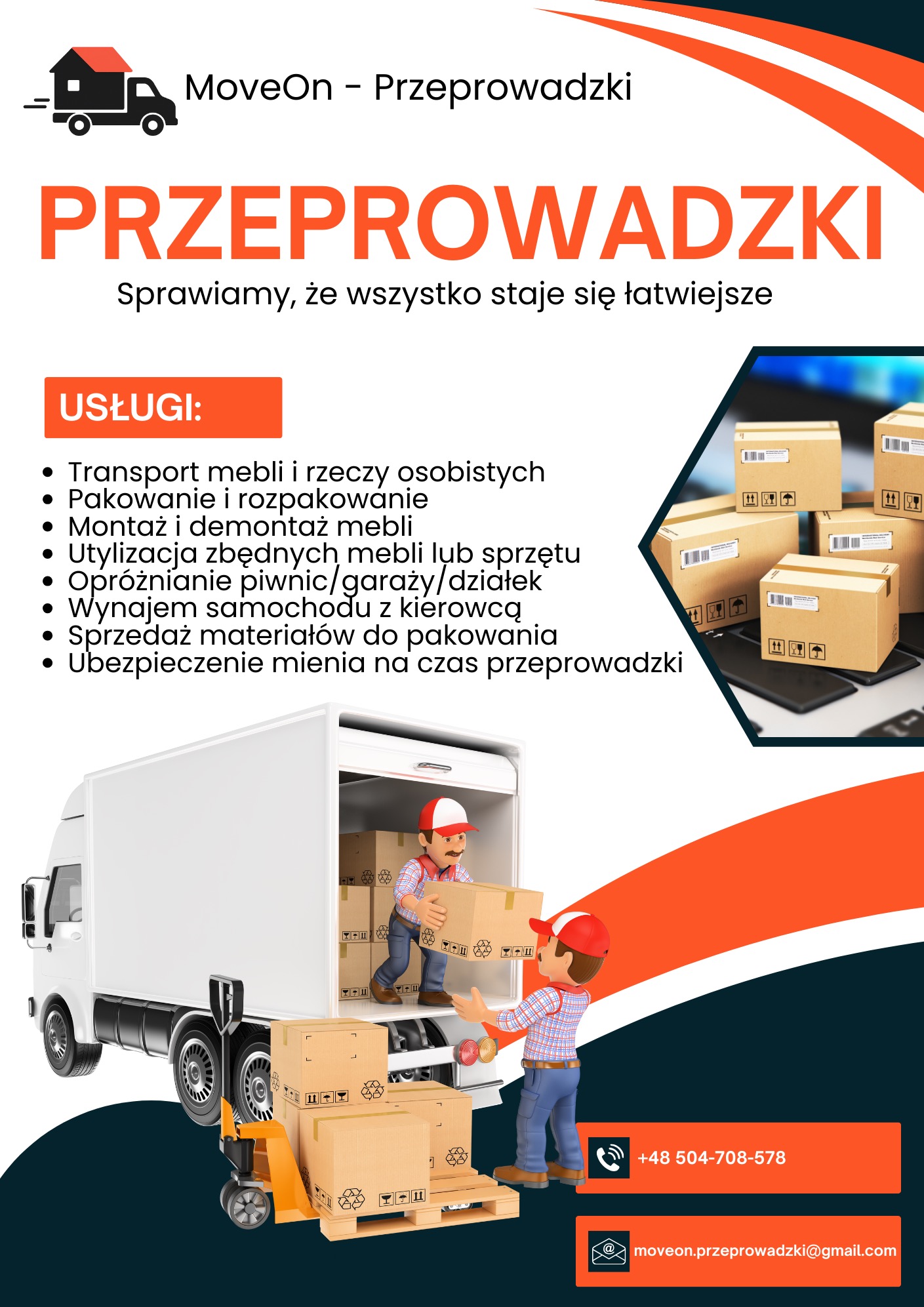 Grafika reklamowa: Przeprowadzki MoveOn. Pracownicy wkładają kartony do ciężarówki. Usługi: transport, pakowanie, montaż mebli, opróżnianie, utylizacja.