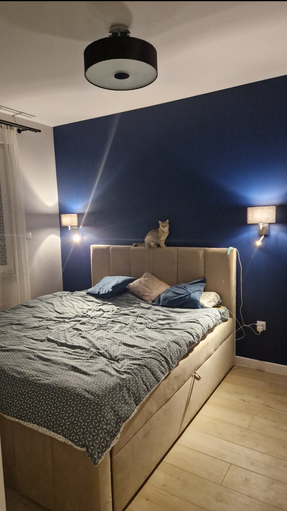 Sypialnia z łóżkiem, na wezgłowiu siedzi kot. Ciemna ściana za łóżkiem, po bokach kinkiety. Na suficie okrągła lampa. Jasne panele na podłodze.