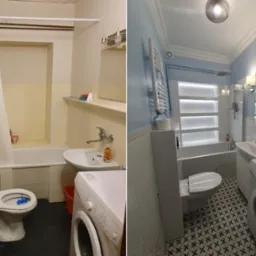 Remont łazienki: zdjęcie 'przed' z żółtymi ścianami i 'po' z błękitnymi ścianami, nową armaturą i wzorzystą podłogą. Widoczna pralka i lustro.