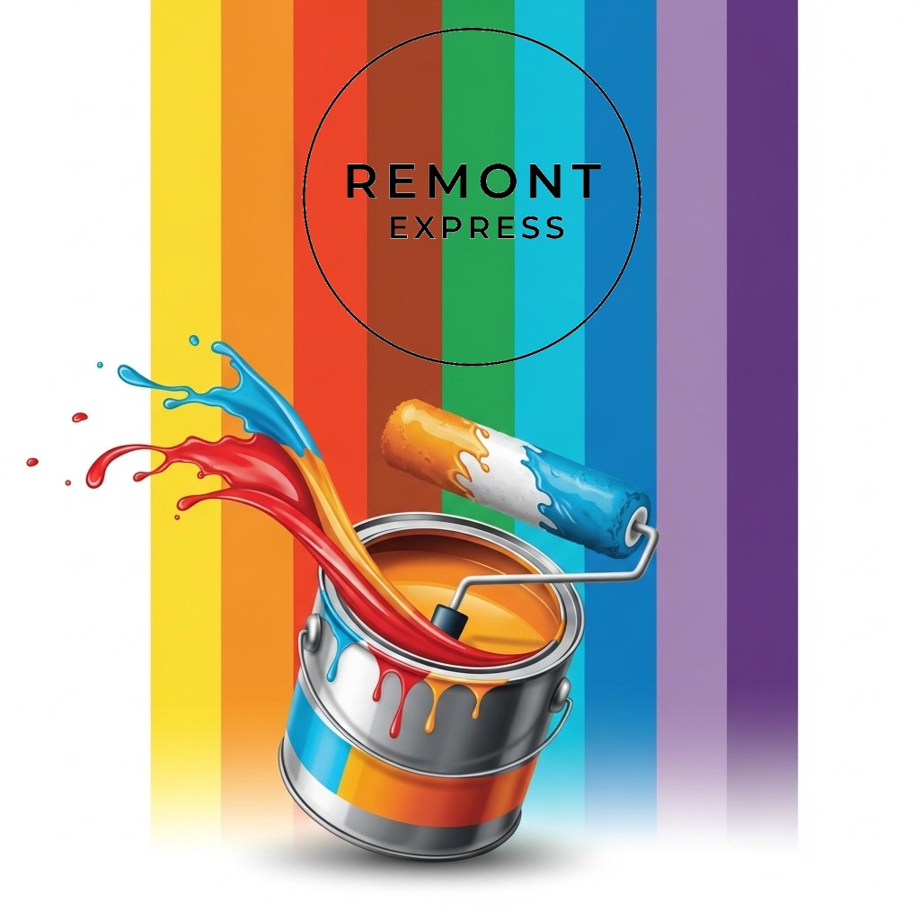 Wrocław: Kolorowa grafika z puszką farby i wałkiem na tle tęczowych pasów. Logo firmy remontowej 'Remont Express' w okręgu. Dynamiczne rozpryski farby.