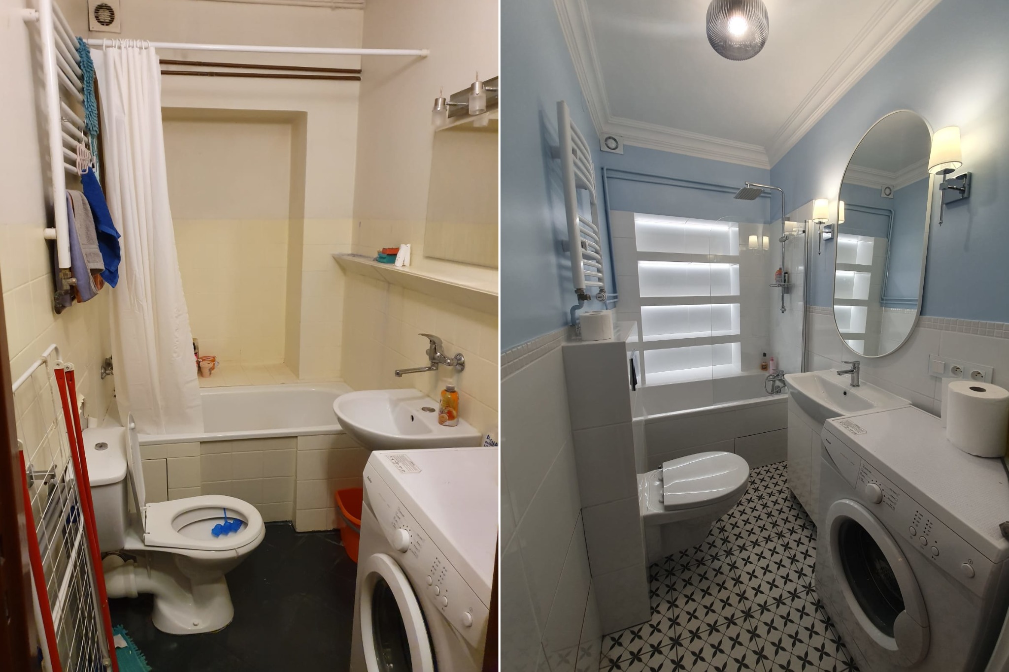 Remont łazienki: zdjęcie 'przed' z żółtymi ścianami i 'po' z błękitnymi ścianami, nową armaturą i wzorzystą podłogą. Widoczna pralka i lustro.