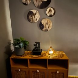 DIXIT SPÓŁKA Z OGRANICZONĄ ODPOWIEDZIALNOŚCIĄ - Stylowe wnętrze salonu kosmetycznego: drewniana komoda z dekoracjami, lampka zapachowa i rośliny. Okrągłe ozdoby na ścianie tworzą relaksującą atmosferę.