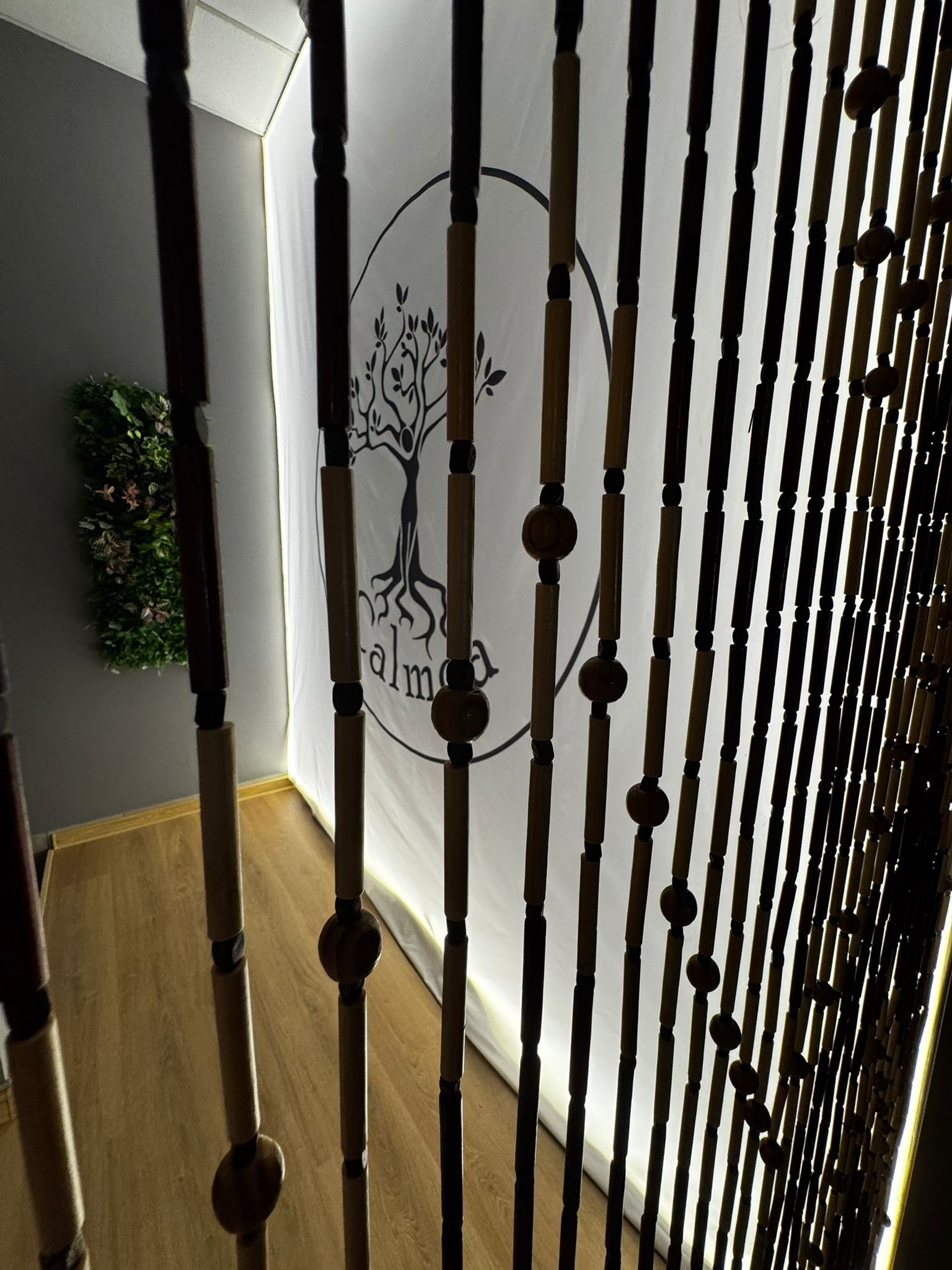 Wnętrze z drewnianą kurtyną, logo drzewa na ścianie i roślinną dekoracją. Ujęcie z dołu, podkreślające detale i głębię przestrzeni gabinetu.