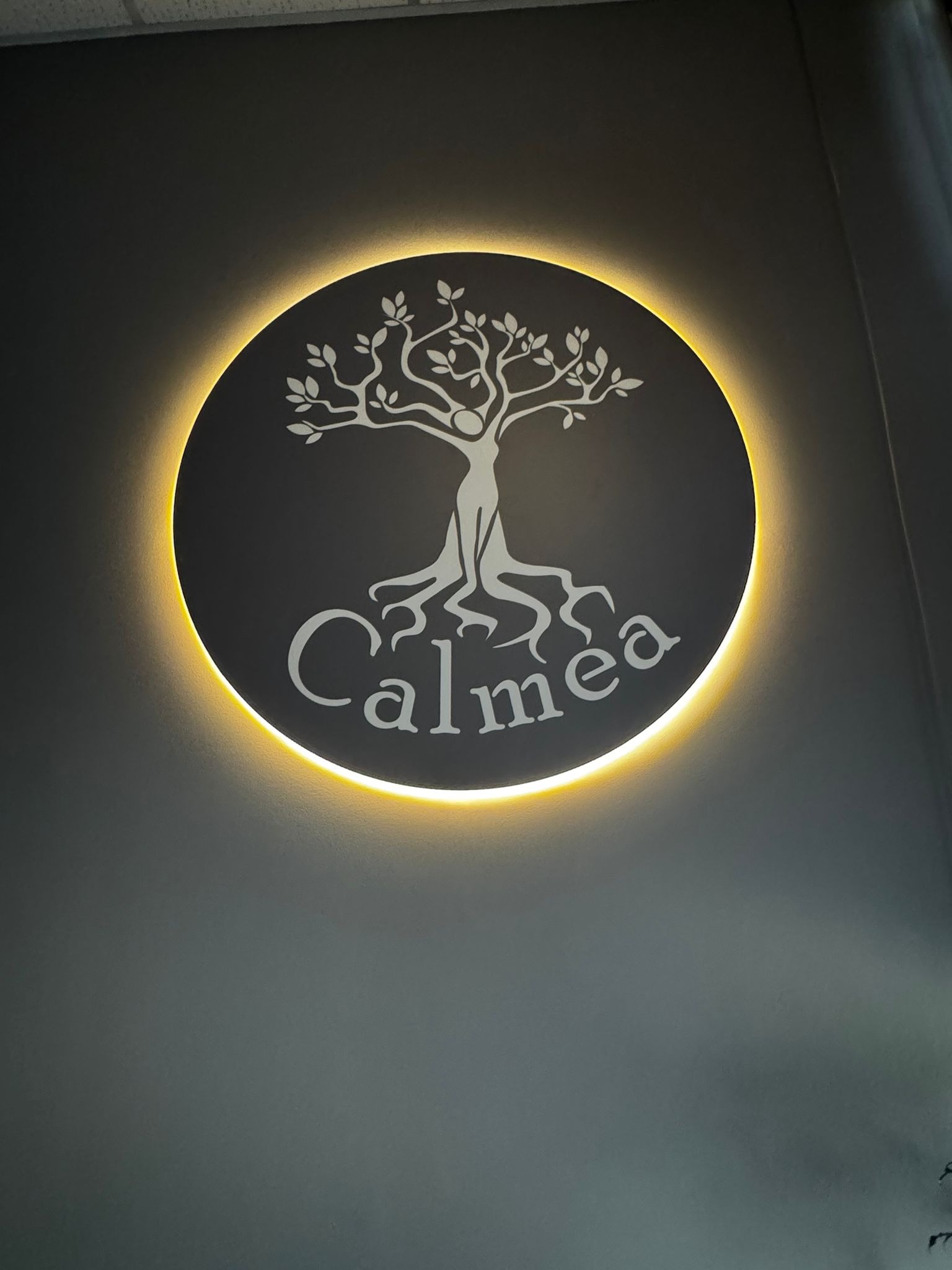 Podświetlane logo 'Calmea' na ciemnej ścianie. Okrągłe logo z motywem drzewa i napisem, otoczone ciepłym, żółtym światłem. Minimalistyczny design, nowoczesny wygląd.