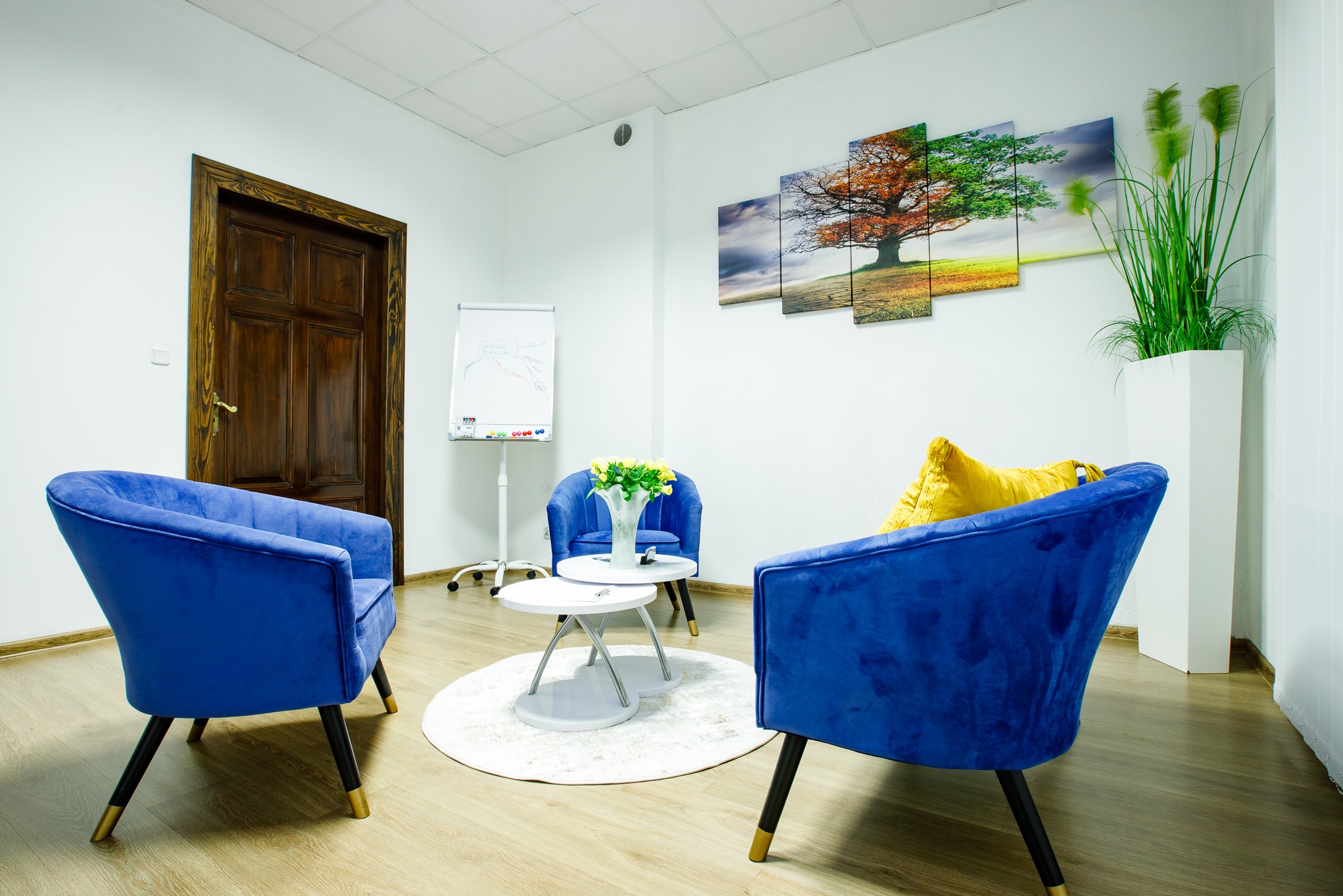 Jasne wnętrze gabinetu z trzema niebieskimi fotelami, stolikiem z kwiatami i tablicą suchościeralną. Na ścianie obraz z drzewem i wysoka roślina doniczkowa.