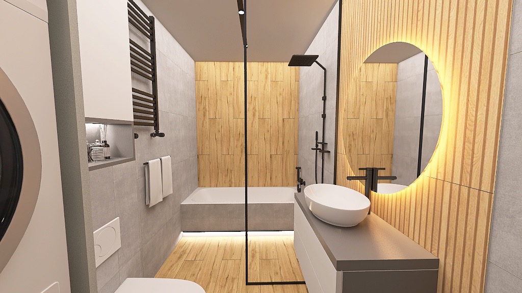Nowoczesna łazienka z drewnianymi akcentami: okrągłe lustro z podświetleniem LED, minimalistyczna umywalka nablatowa i czarna armatura. Jasne płytki i drewnopodobne panele.