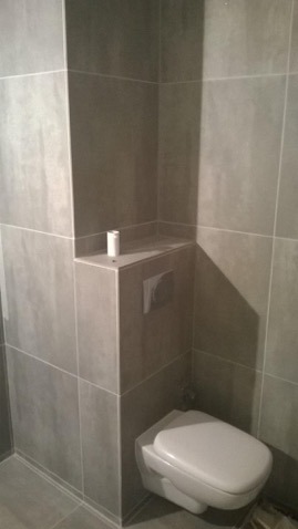 Szara łazienka z podwieszaną toaletą i wnęką wyłożoną płytkami. Minimalistyczny design, nowoczesne wykończenie. Widoczny fragment podłogi i biała rolka papieru.