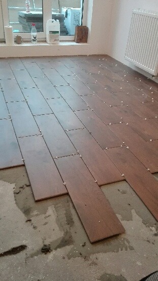 Układanie paneli podłogowych z brązowego drewna w pomieszczeniu, widoczne plastikowe krzyżyki dystansowe, okno w tle.