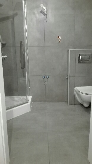 Nowoczesna łazienka w szarościach: kabina prysznicowa z chromowanymi detalami, podwieszana toaleta i płytki imitujące beton. Widoczne przyłącza instalacyjne.