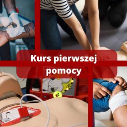 BeMedic - Montaż zdjęć z kursu pierwszej pomocy: opatrywanie ran, resuscytacja na manekinie, użycie defibrylatora. Centralnie napis: Kurs pierwszej pomocy.