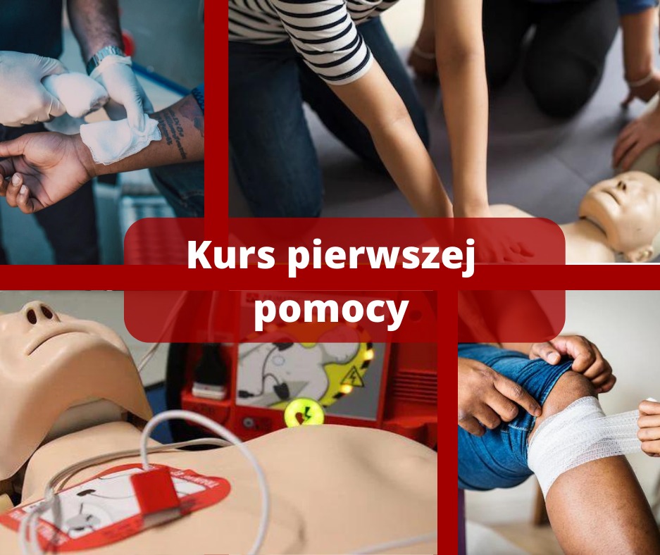Montaż zdjęć z kursu pierwszej pomocy: opatrywanie ran, resuscytacja na manekinie, użycie defibrylatora. Centralnie napis: Kurs pierwszej pomocy.