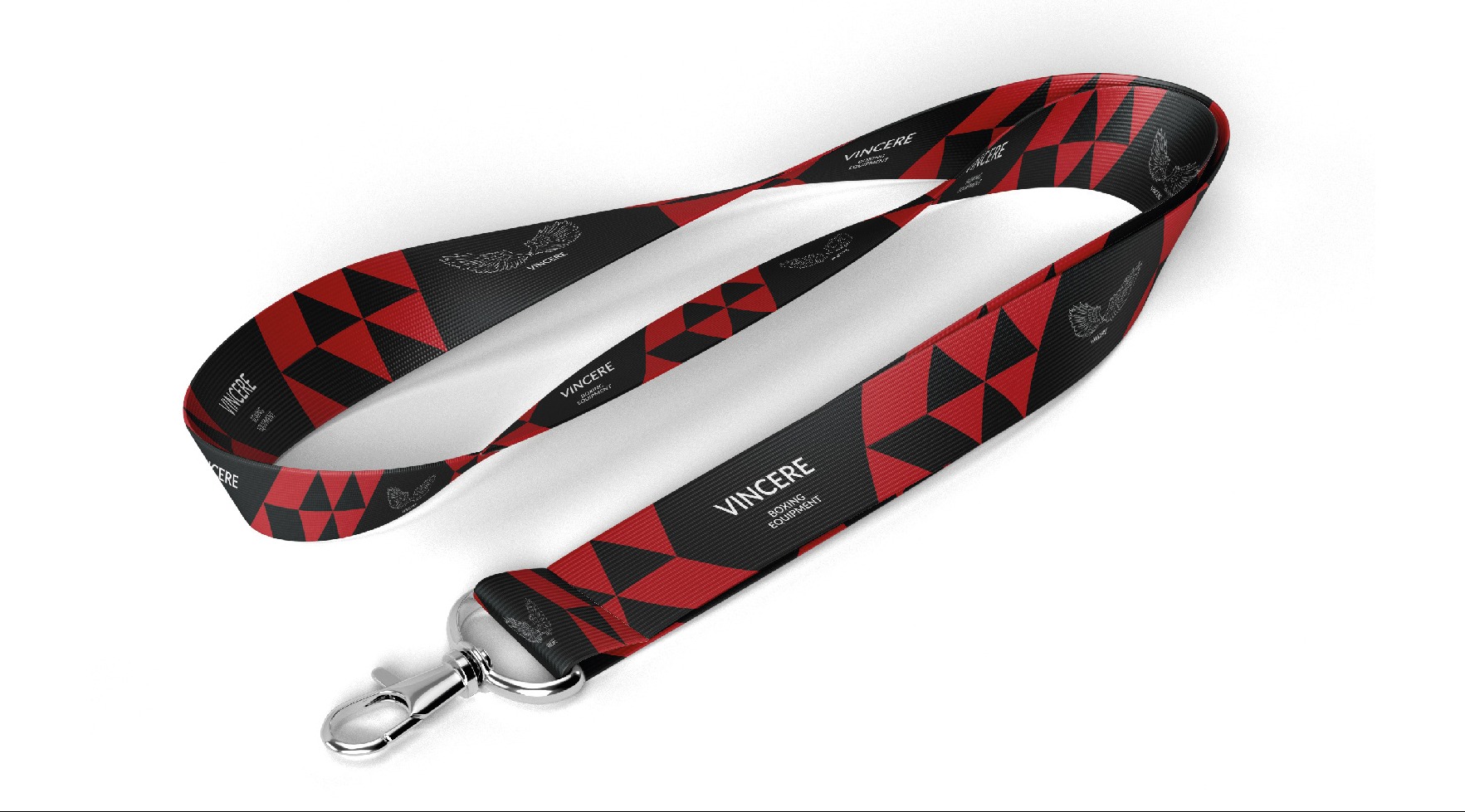 Smycz z karabińczykiem, czarno-czerwona w geometryczne wzory i logo 'Vincere Boxing Equipment', leży na białym tle, prezentacja produktu.