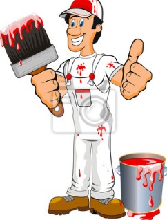 Uśmiechnięty malarz w kombinezonie, z pędzlem i wiadrem czerwonej farby, pokazuje kciuk w górę. Ilustracja w stylu kreskówkowym.